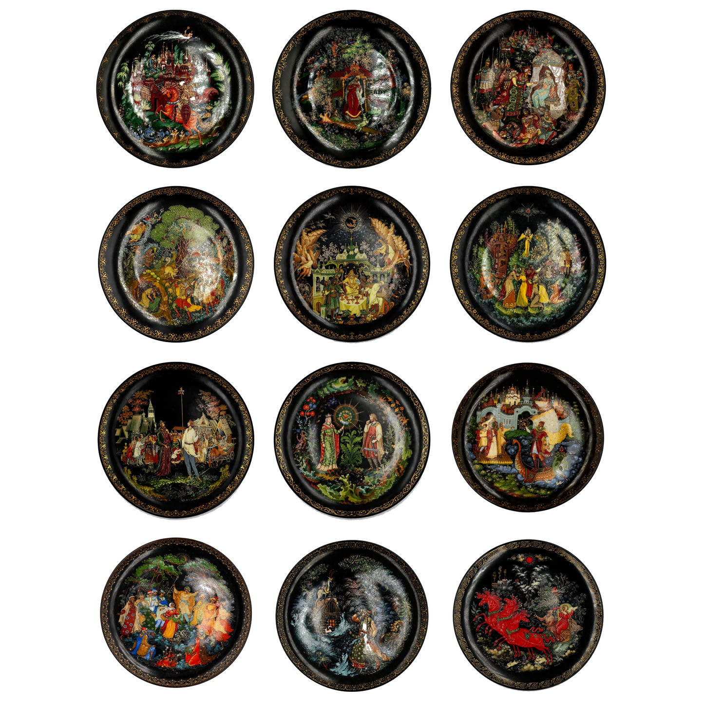 Limited Edition Set of 12 Palekh Russian Legends “Fairy Tale” Collector Plates (12/12 Complete)